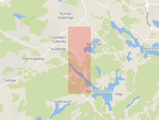 Karta som med röd fyrkant ramar in Stuvsta, Lännavägen, Huddinge, Stockholms län