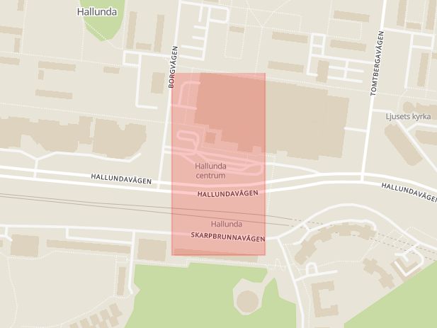 Karta som med röd fyrkant ramar in Hallunda Centrum, Botkyrka, Stockholms län
