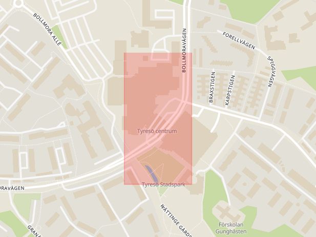 Karta som med röd fyrkant ramar in Tyresö Centrum, Tyresö, Stockholms län