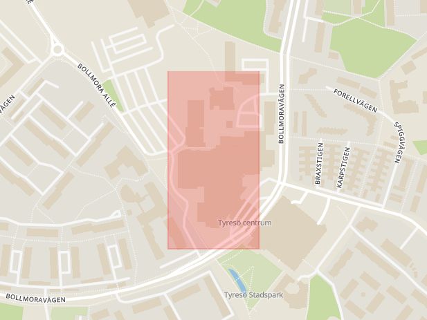 Karta som med röd fyrkant ramar in Bollmora, Tyresö Centrum, Tyresö, Stockholms län