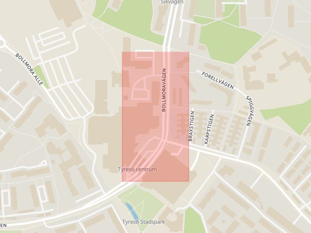 Karta som med röd fyrkant ramar in Tyresö Centrum, Optiker, Tyresö