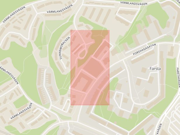 Karta som med röd fyrkant ramar in Farsta, Karlskogagatan, Stockholm, Stockholms län