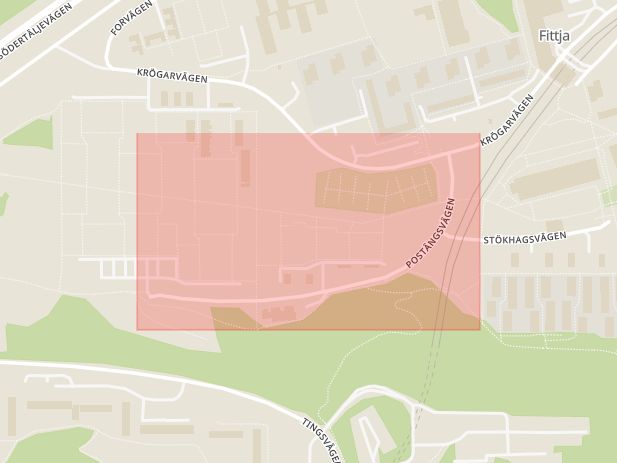 Karta som med röd fyrkant ramar in Postängsvägen, Fittja, Botkyrka, Stockholms län