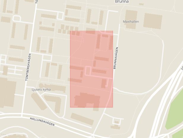 Karta som med röd fyrkant ramar in Norsborg, Timotejvägen, Botkyrka, Stockholms län
