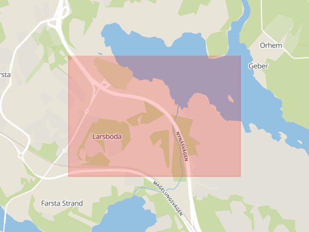 Karta som med röd fyrkant ramar in Larsboda, Farsta, Stockholm, Stockholms län