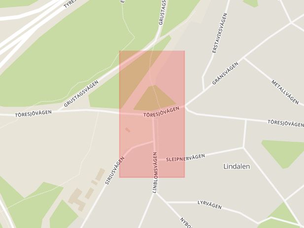 Karta som med röd fyrkant ramar in Lindalen, Linblomsvägen, Töresjövägen, Tyresö, Stockholms län