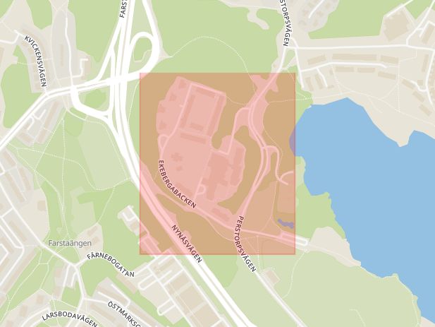 Karta som med röd fyrkant ramar in Ekebergabacken, Farsta, Stockholms län
