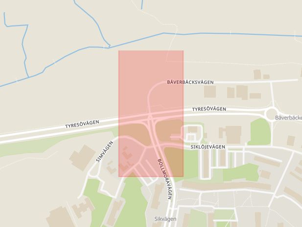 Karta som med röd fyrkant ramar in Tyresövägen, Bollmoravägen, Tyresö, Stockholms län