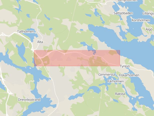 Karta som med röd fyrkant ramar in Tyresövägen, Tyresö, Stockholms län