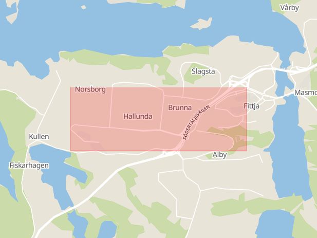 Karta som med röd fyrkant ramar in Hallundavägen, Botkyrka, Stockholms län
