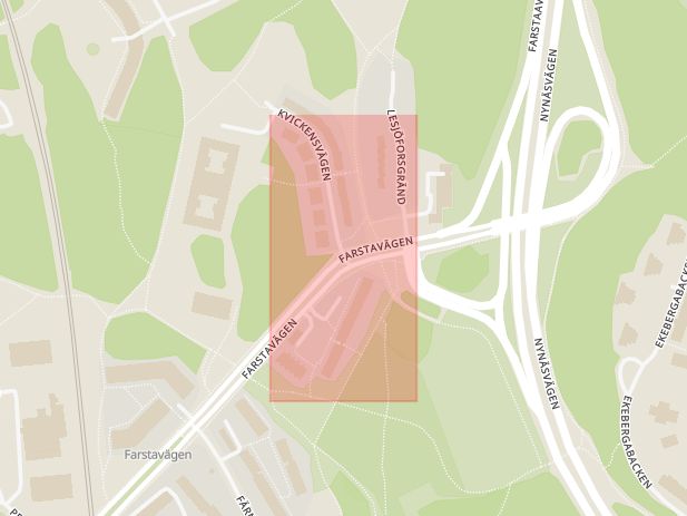 Karta som med röd fyrkant ramar in Farstavägen, Kvickensvägen, Stockholm, Stockholms län
