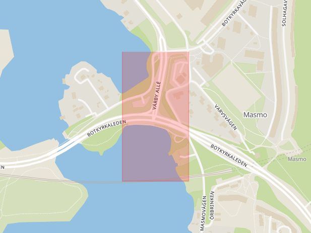 Karta som med röd fyrkant ramar in Vårby Allé, Botkyrkaleden, Huddinge, Stockholms län