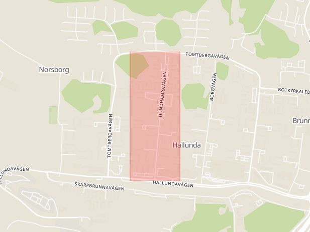 Karta som med röd fyrkant ramar in Hundhamravägen, Norsborg, Botkyrka, Stockholms län