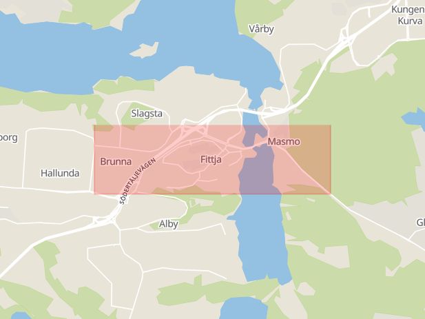 Karta som med röd fyrkant ramar in Fittja, Botkyrkaleden, Trafikplats Fittja, Botkyrka, Stockholms län