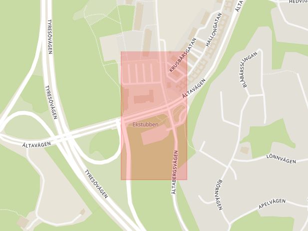 Karta som med röd fyrkant ramar in Älta, Ältavägen, Ekstubben, Nacka Kommun, Stockholm, Stockholms län