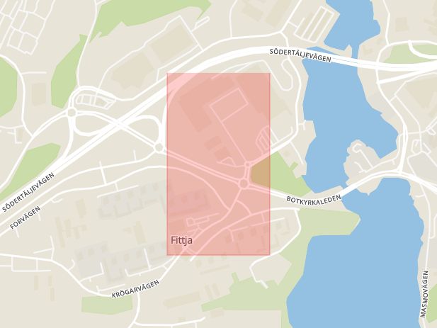 Karta som med röd fyrkant ramar in Fittjavägen, Botkyrka, Stockholms län