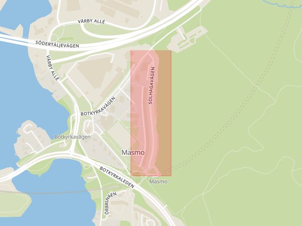 Karta som med röd fyrkant ramar in Vårby, Solhagavägen, Huddinge, Stockholms län