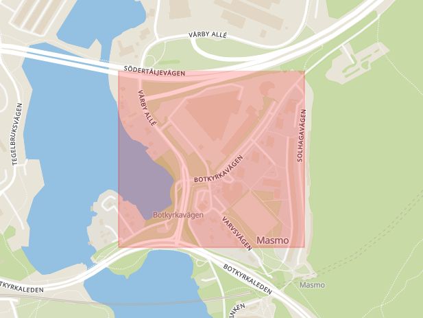 Karta som med röd fyrkant ramar in Botkyrkavägen, Vårby, Huddinge, Stockholms län