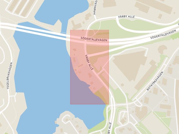 Karta som med röd fyrkant ramar in Fittjaviken, Vårby, Huddinge, Stockholms län