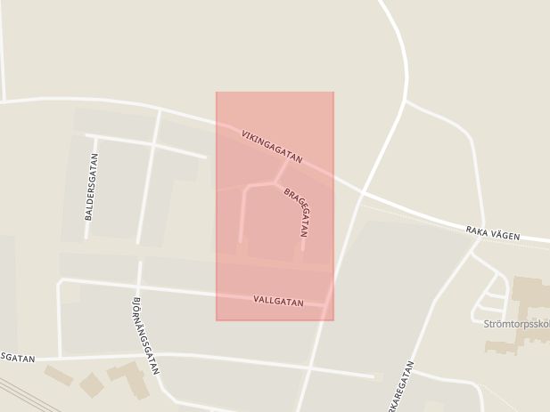 Karta som med röd fyrkant ramar in Bragegatan, Strömstorp, Degerfors, Örebro län