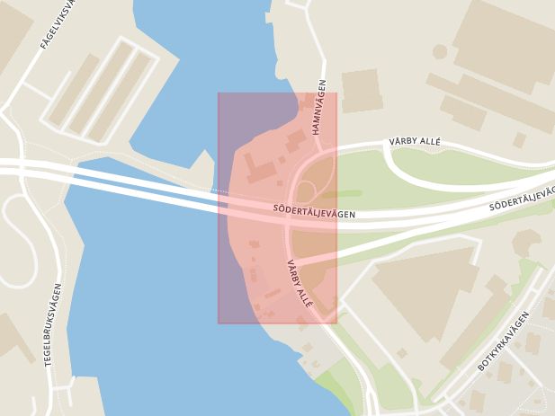 Karta som med röd fyrkant ramar in Södertäljevägen, Vårbybron, Huddinge, Stockholms län