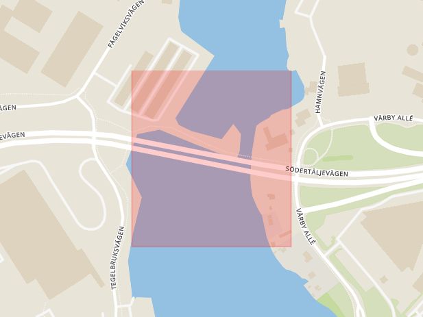 Karta som med röd fyrkant ramar in Vårbybron, Huddinge, Stockholms län