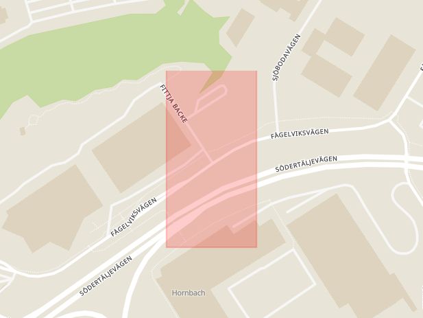 Karta som med röd fyrkant ramar in Fittja, Fågelviksvägen, Botkyrka, Stockholms län