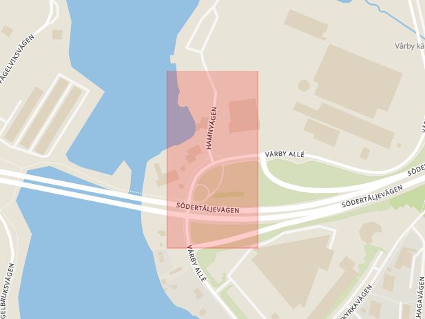 Karta som med röd fyrkant ramar in Hamnvägen, Vårby Allé, Huddinge, Stockholms län