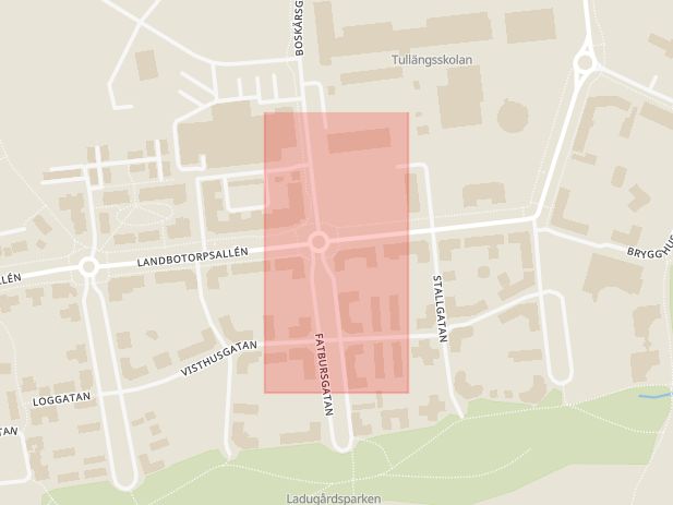 Karta som med röd fyrkant ramar in Ladugårdsängen, Fatbursgatan, Örebro, Örebro län