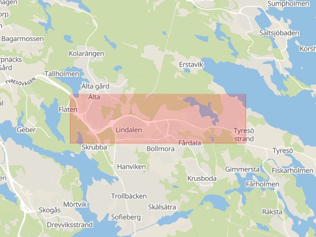 Karta som med röd fyrkant ramar in Hanviken, Älta, Tyresövägen, Tyresö, Stockholms län