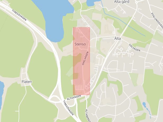 Karta som med röd fyrkant ramar in Älta, Oxelvägen, Nacka, Stockholms län