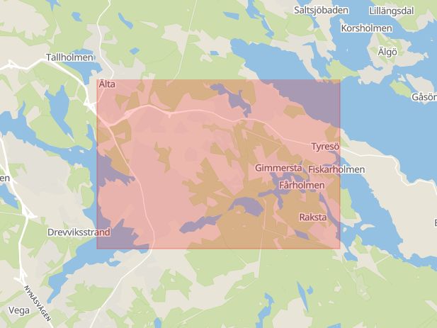 Karta som med röd fyrkant ramar in Kumla, Fornudden, Tyresö, Stockholms län