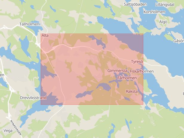 Karta som med röd fyrkant ramar in Tyresö Centrum, Puls, Tyresö, Stockholms län