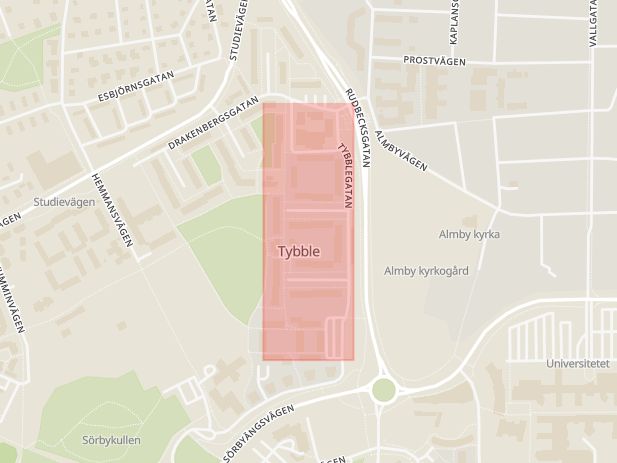 Karta som med röd fyrkant ramar in Tybble, Tybblegatan, Örebro, Örebro län