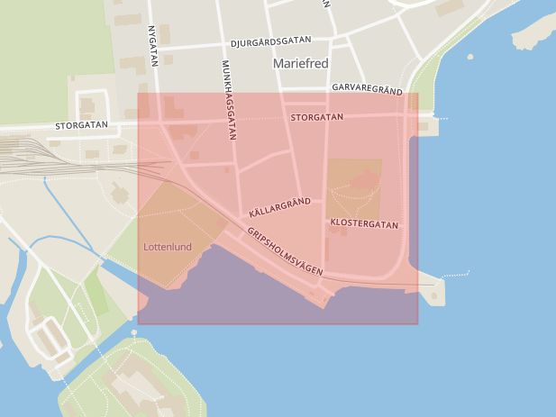 Karta som med röd fyrkant ramar in Södermanland, Gripsholmsvägen, Mariefred, Södermanlands län