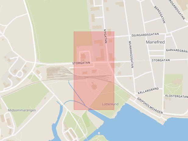 Karta som med röd fyrkant ramar in Södermanland, Östra Storgatan, Läggesta, Mariefred, Södermanlands län