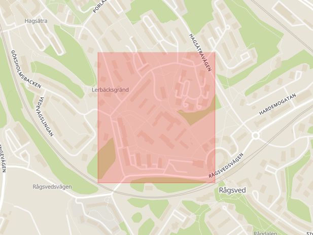 Karta som med röd fyrkant ramar in Rågsved, Sköllerstagatan, Stockholm, Stockholms län
