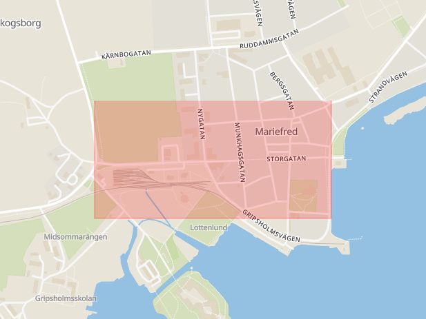 Karta som med röd fyrkant ramar in Åkers Styckebruk, Storgatan, Mariefred, Strängnäs, Södermanlands län