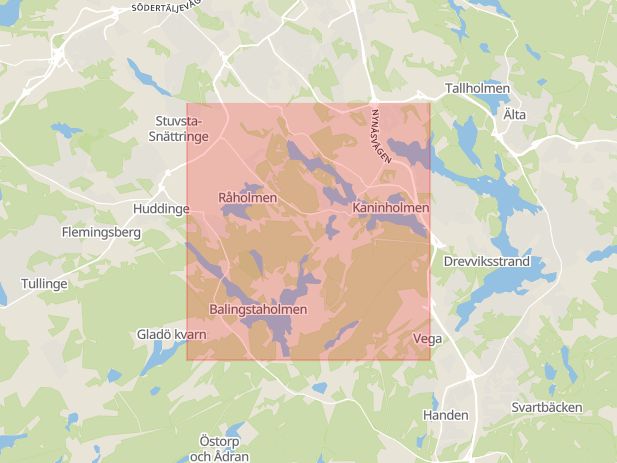 Karta som med röd fyrkant ramar in Stuvsta, Högsta, Huddinge, Stockholms län