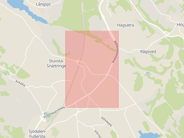 Karta som med röd fyrkant ramar in Huddingevägen, Stuvsta, Huddinge, Stockholms län