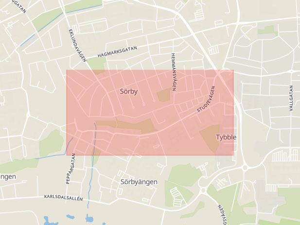 Karta som med röd fyrkant ramar in Studievägen, Universitetsallén, Almby, Örebro, Örebro län