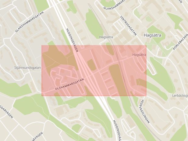 Karta som med röd fyrkant ramar in Hagsätra, Olshammarsgatan, Stockholm, Stockholms län