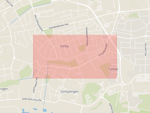 Karta som med röd fyrkant ramar in Studievägen, Sörby, Örebro, Örebro län