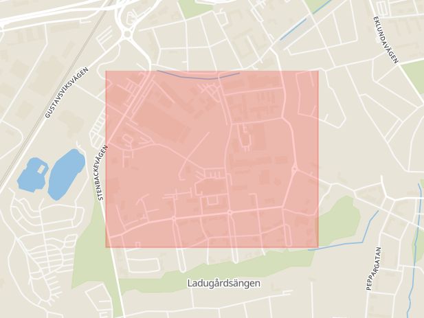 Karta som med röd fyrkant ramar in Landbotorpsallén, Ladugårdsängen, Örebro, Örebro län
