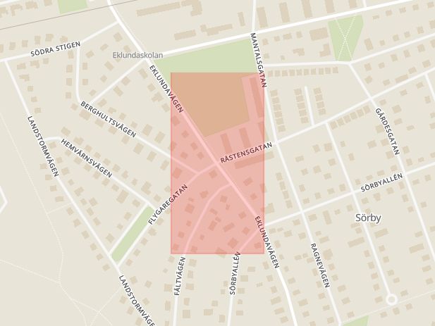 Karta som med röd fyrkant ramar in Eklundavägen, Flygaregatan, Örebro, Örebro län