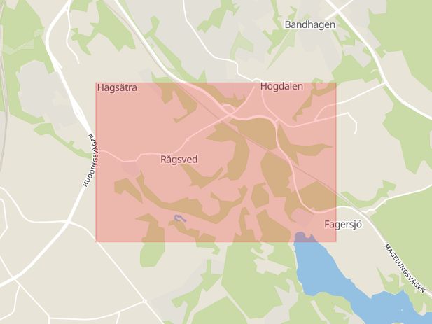 Karta som med röd fyrkant ramar in Stuvsta, Rågsved, Huddinge, Stockholms län