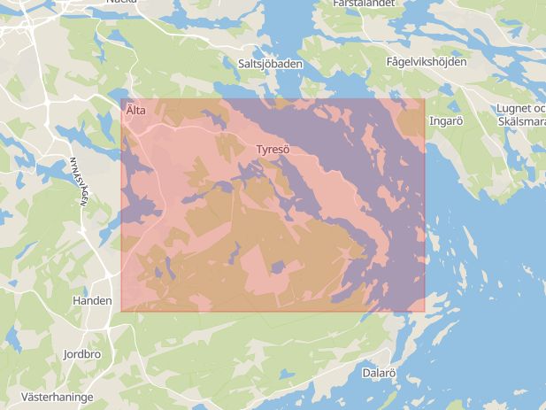 Karta som med röd fyrkant ramar in Sveriges Radio, Stockholm, Tyresö, Stockholms län