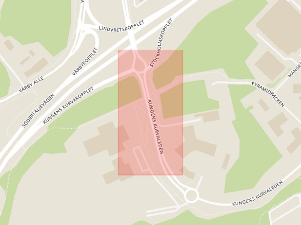 Karta som med röd fyrkant ramar in Trafikplats Lindvreten, Huddinge, Stockholms län