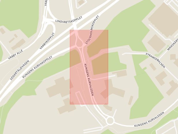 Karta som med röd fyrkant ramar in Fittja, Trafikplats Lindvreten, Botkyrka, Stockholms län
