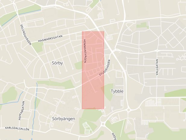 Karta som med röd fyrkant ramar in Hemmansvägen, Tybble, Örebro, Örebro län
